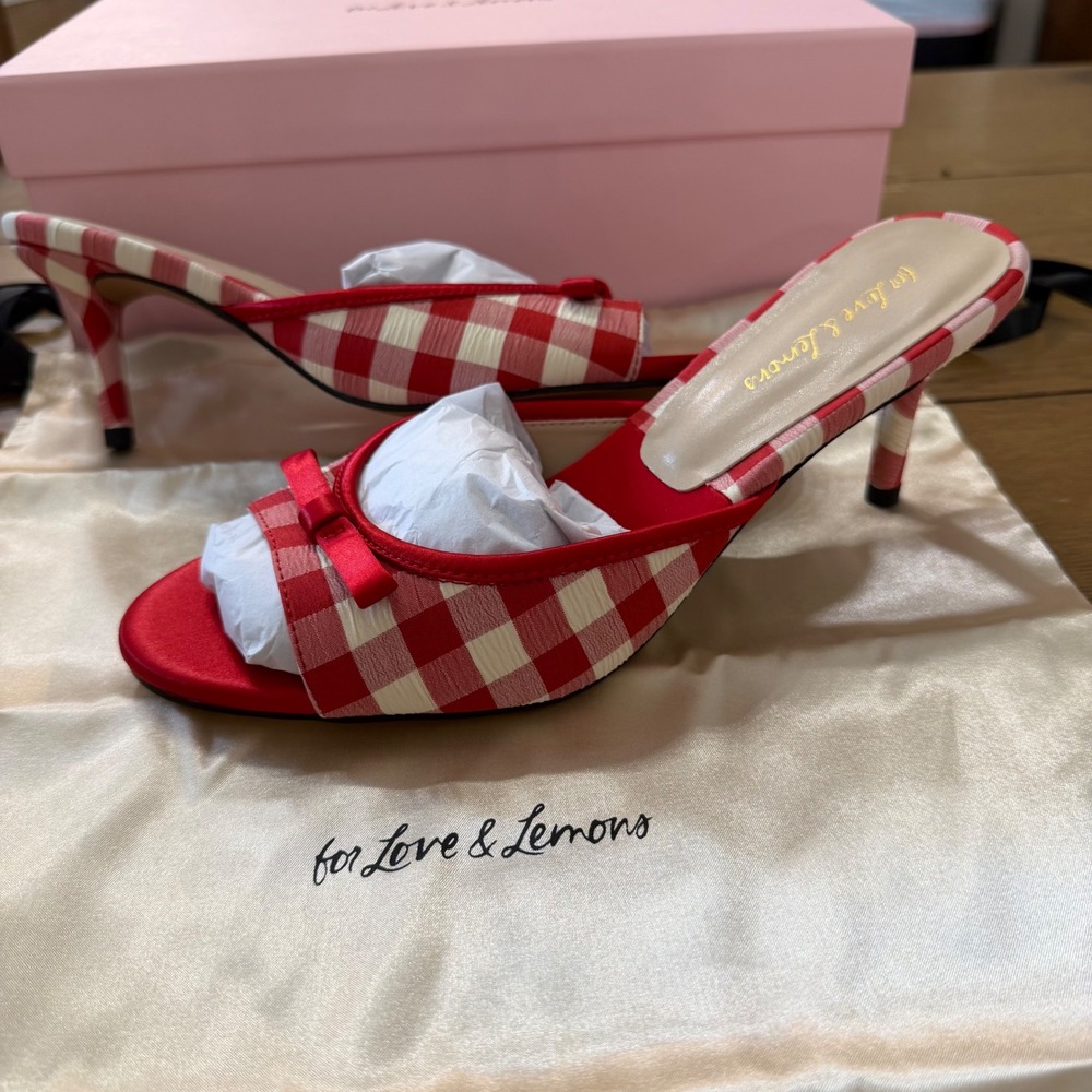 For Love & Lemons Cassandra Red Gingham Kitten Heels Mules Size 37 US 7 Coquette